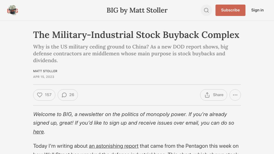 Screenshot of mattstoller.substack.com: The Military-Industrial Stock Buyback Complex