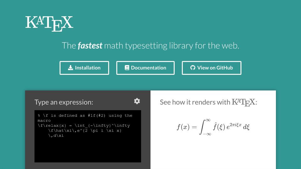Screenshot of katex.org: The fastest math typesetting library for the web