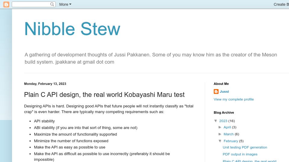 Screenshot of nibblestew.blogspot.com: Plain C API design, the real world Kobayashi Maru test