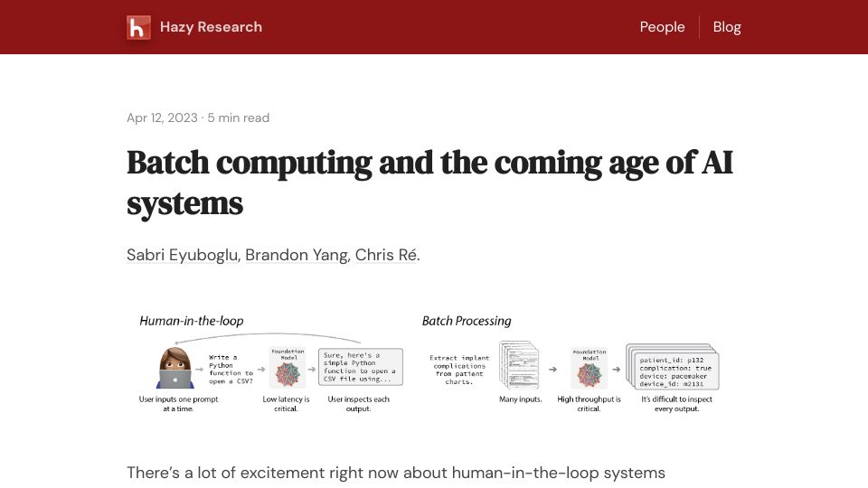 Screenshot of hazyresearch.stanford.edu: Batch computing and the coming age of AI systems