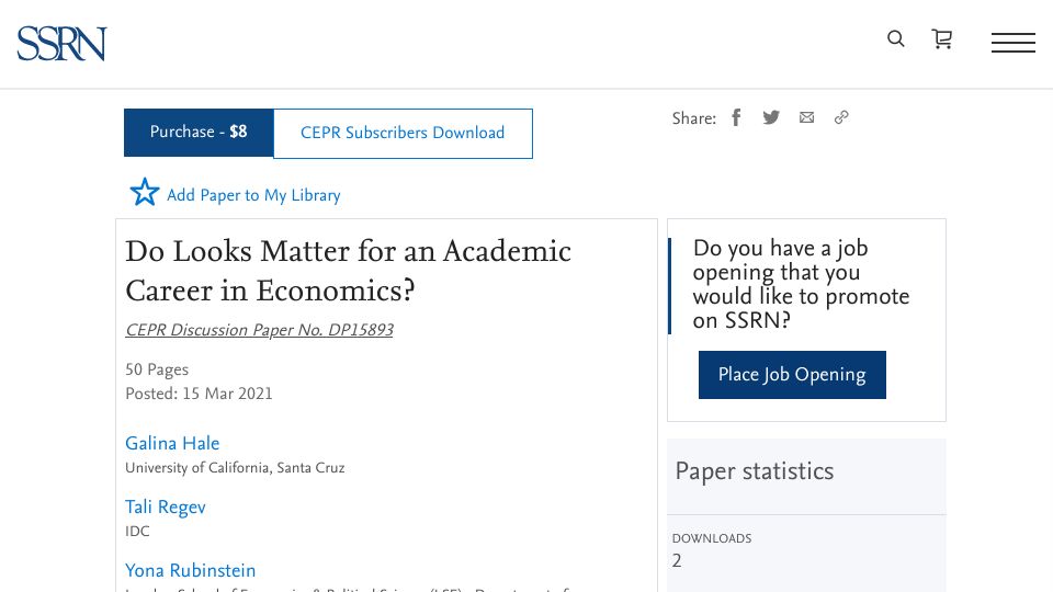 Screenshot of papers.ssrn.com: Do looks matter for an academic career in economics?