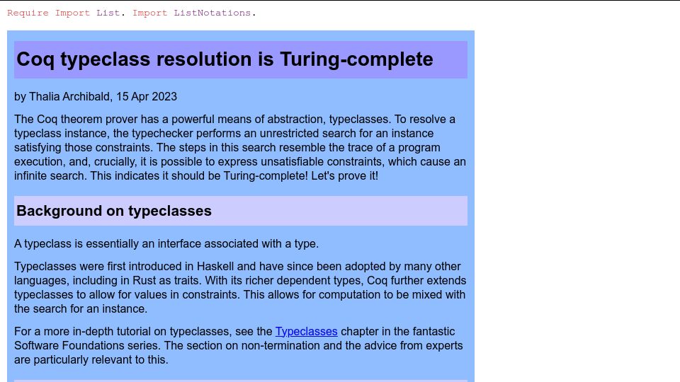 Screenshot of thaliaarchi.github.io: Coq typeclass resolution is Turing-complete