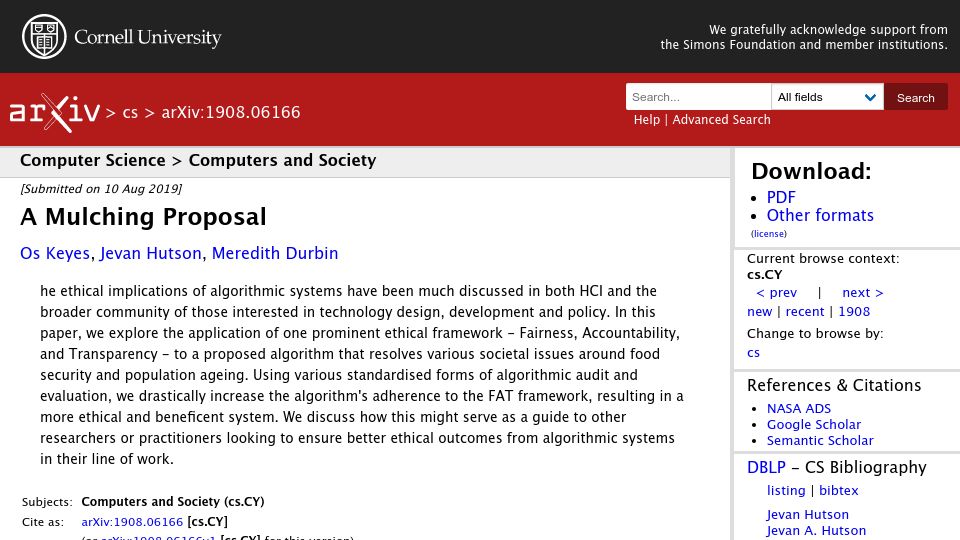Screenshot of arxiv.org: A Mulching Proposal (2019)