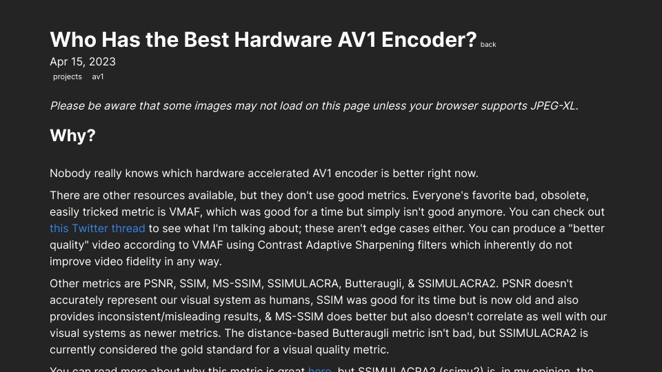 Screenshot of giannirosato.com: Nvenc vs. QSV: Who Has the Best Hardware AV1 Encoder?