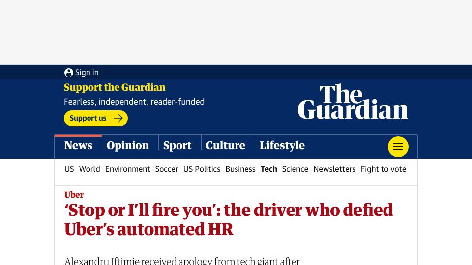 Screenshot of theguardian.com: ‘Stop or I’ll fire you’: the driver who defied Uber’s automated HR