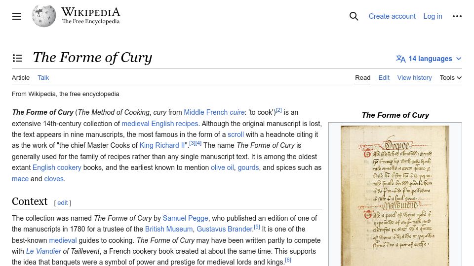 Screenshot of en.wikipedia.org: The Forme of Cury