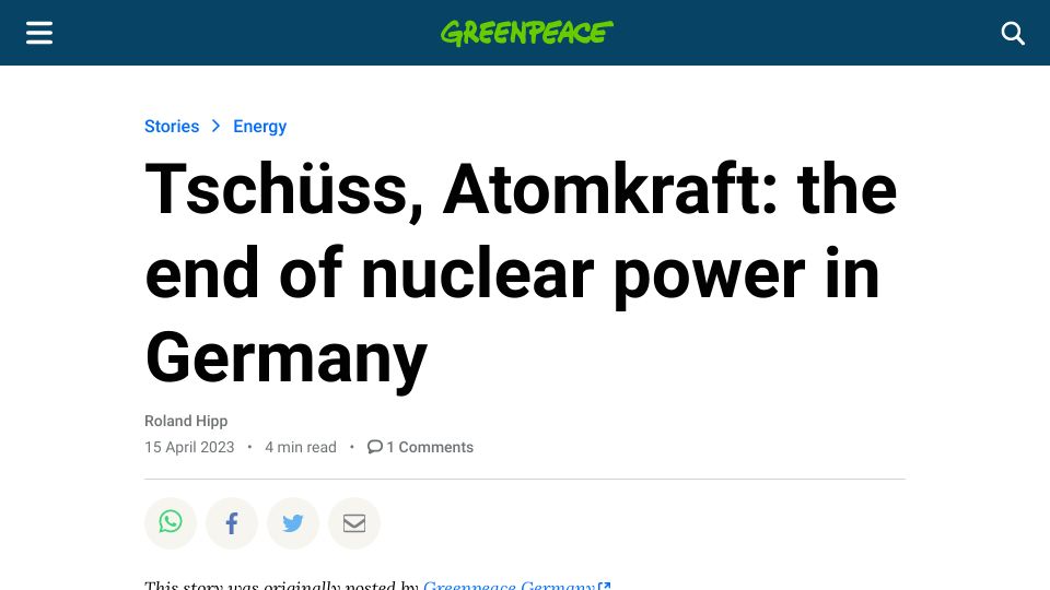 Screenshot of greenpeace.org: The end of nuclear power in Germany