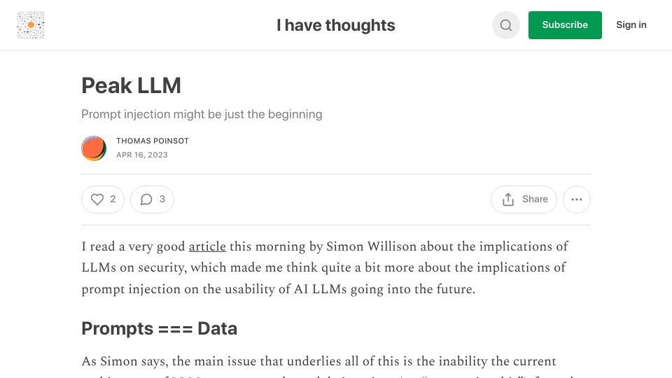 Screenshot of ihavemanythoughts.substack.com: Peak LLM?