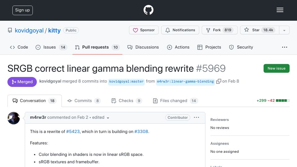 Screenshot of github.com: Latest Kitty terminal release features SRGB correct linear gamma blending
