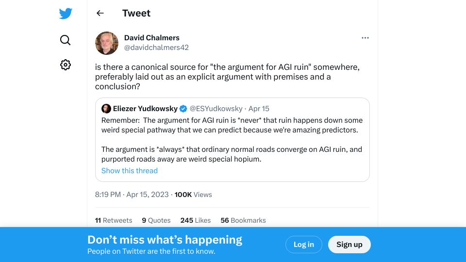 Screenshot of twitter.com: Is there a canonical source for “the argument for AGI ruin” somewhere