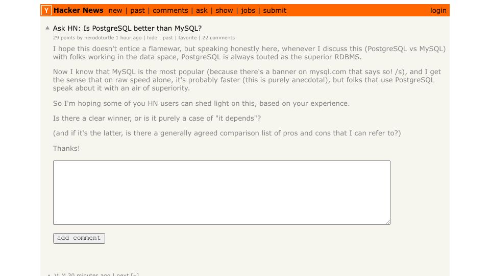 Screenshot of Hacker News post: Ask HN: Is PostgreSQL better than MySQL?