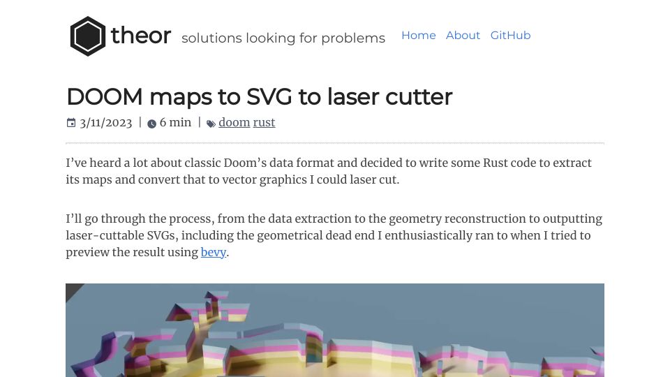 Screenshot of theor.xyz: DOOM maps to SVG to laser cutter