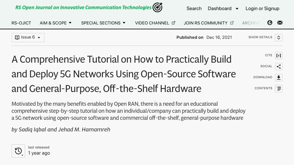 Screenshot of rs-ojict.pubpub.org: Build 5G networks using open-source software, general-purpose hardware (2021)