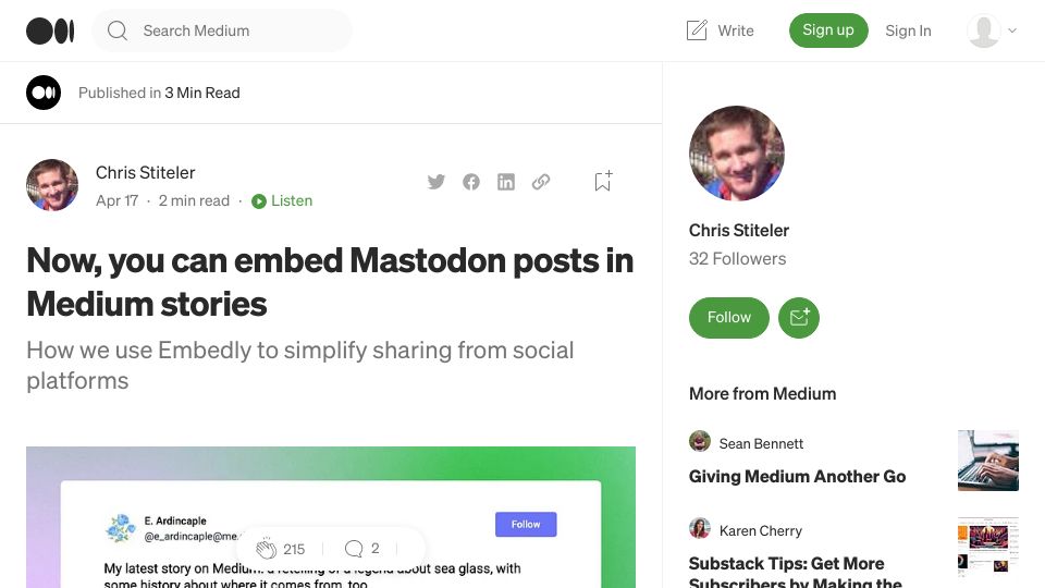 Screenshot of blog.medium.com: Now, you can embed Mastodon posts in Medium stories