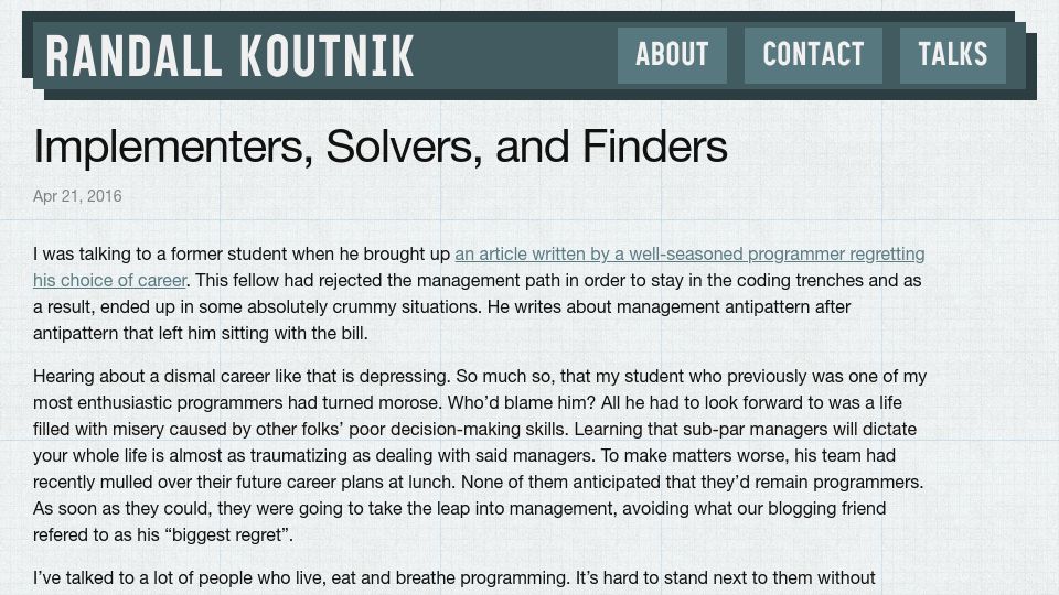 Screenshot of rkoutnik.com: Implementers, Solvers, and Finders