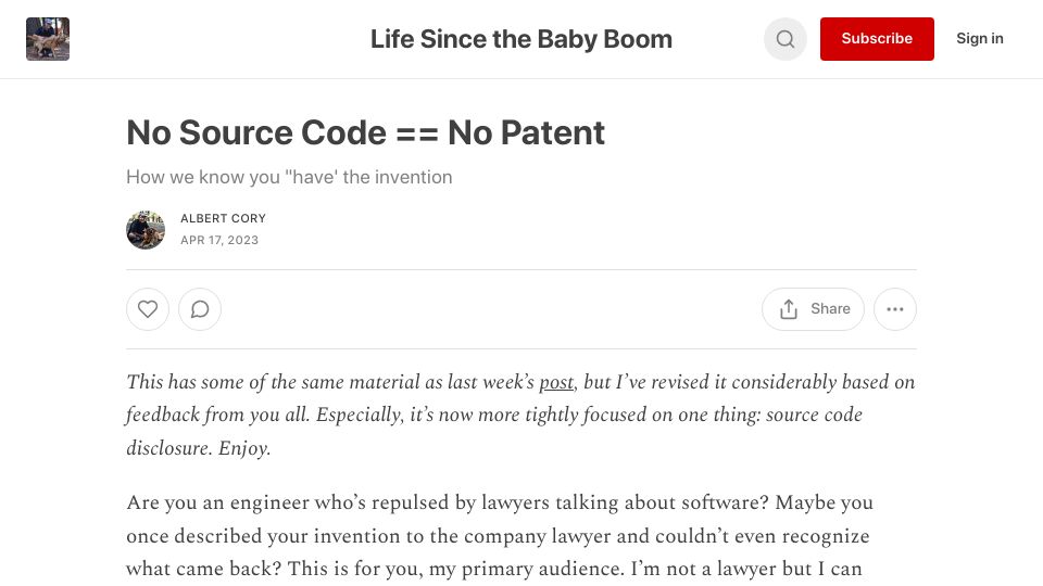 Screenshot of albertcory50.substack.com: No Source Code == No Patent