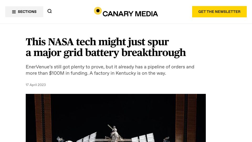 Screenshot of canarymedia.com: NASA tech might just spur a major grid battery breakthrough