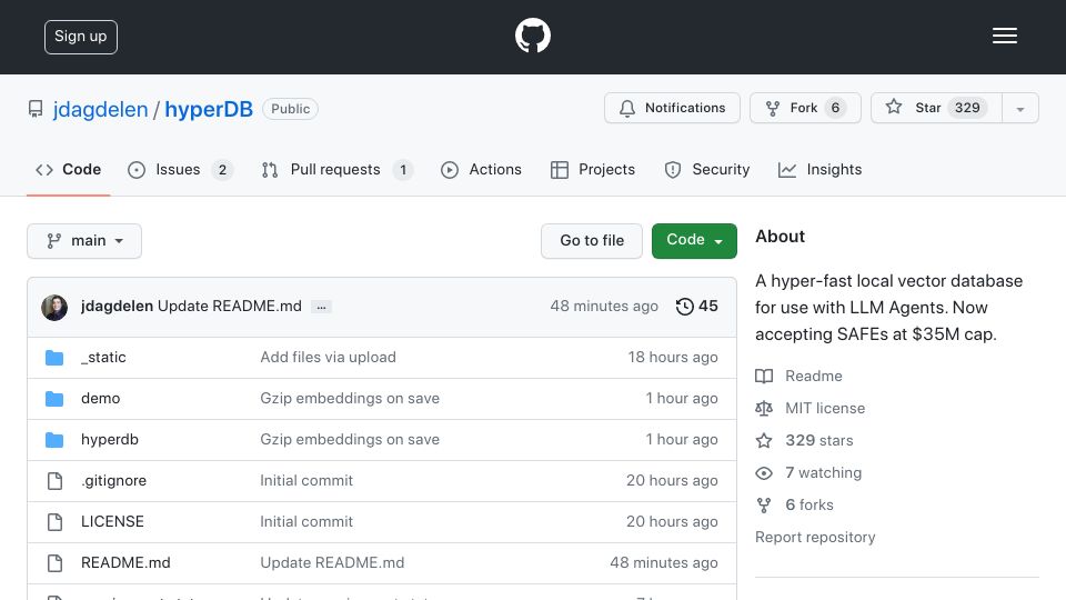 Screenshot of github.com: A hyper-fast local vector database for use with LLM Agents