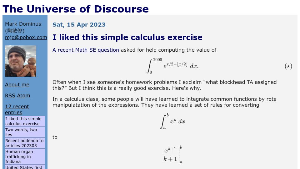 Screenshot of blog.plover.com: I liked this simple calculus exercise