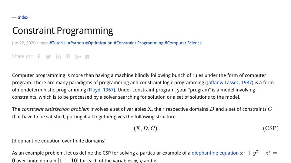 Screenshot of mareknarozniak.com: Constraint Programming (2020)