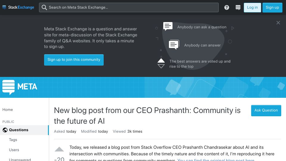 Screenshot of meta.stackexchange.com: New blog post from StackOverflow's CEO Prashanth: Community is the future of AI