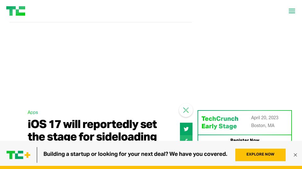 Screenshot of techcrunch.com: iOS 17 will reportedly set the stage for sideloading apps on iPhone