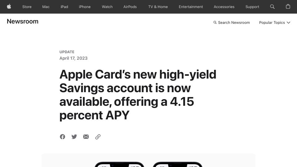 Screenshot of apple.com: Apple Card’s new high-yield Savings account is now available, offering a 4.15 p