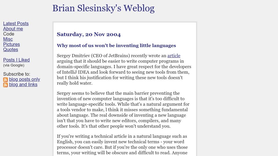 Screenshot of slesinsky.org: Why most of us won't be inventing little languages