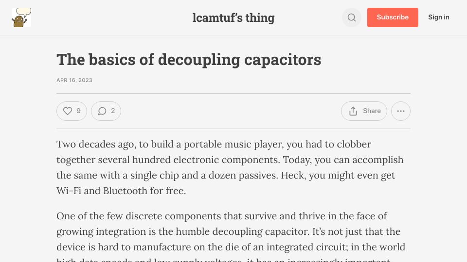 Screenshot of lcamtuf.substack.com: The basics of decoupling capacitors