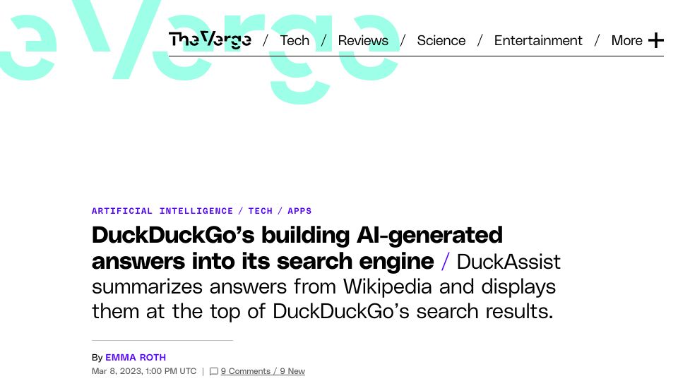 Screenshot of theverge.com: DuckDuckGo’s building AI-generated answers into its search engine