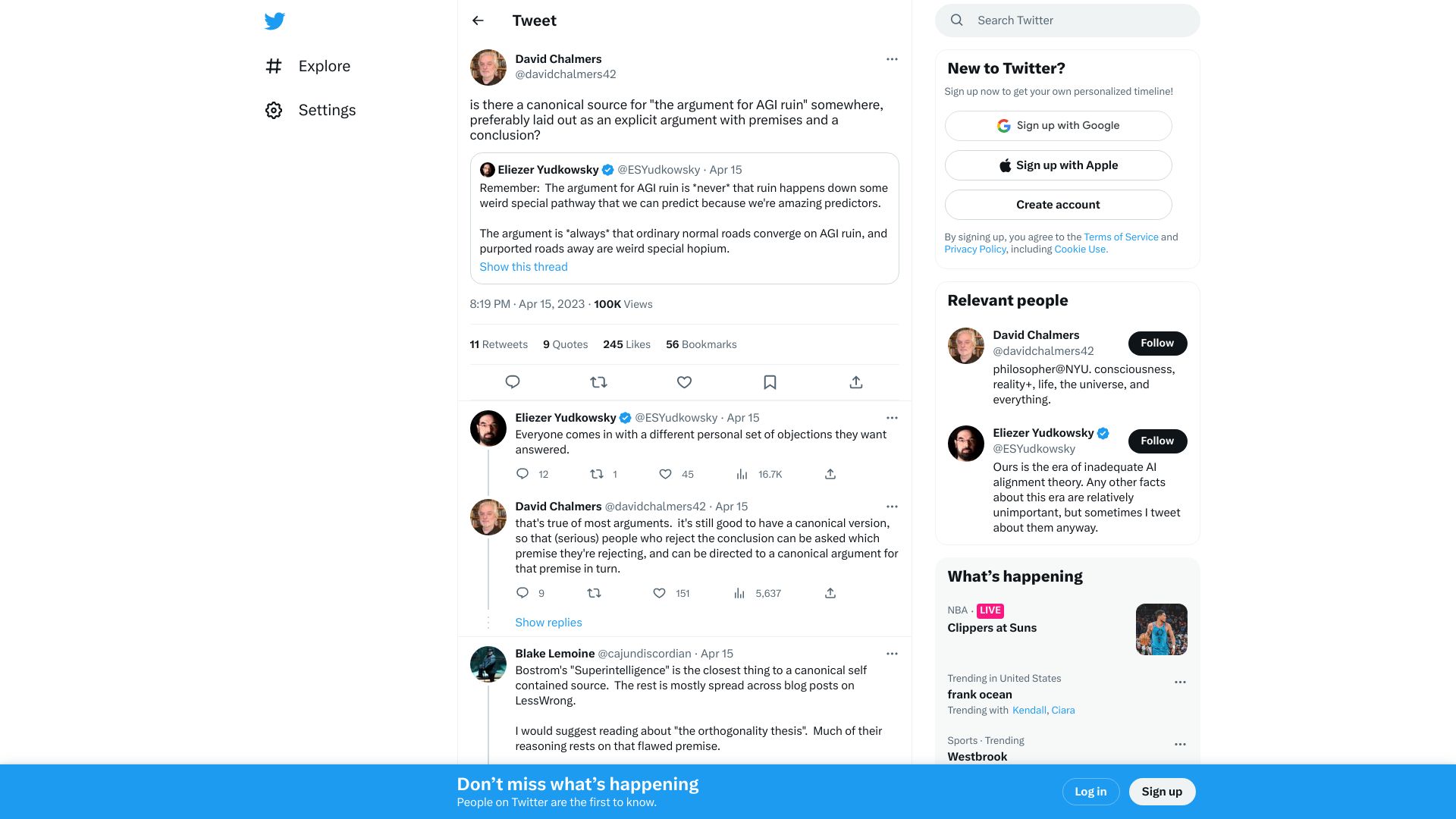 Screenshot of twitter.com: Is there a canonical source for “the argument for AGI ruin” somewhere