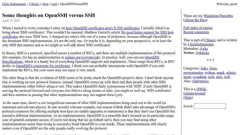 Screenshot of utcc.utoronto.ca: OpenSSH versus SSH