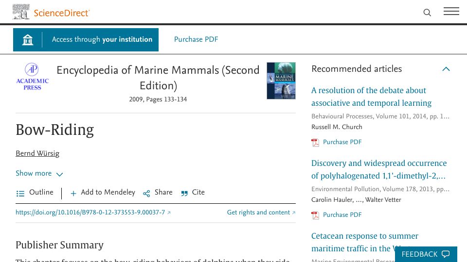 Screenshot of sciencedirect.com: Dolphin Bow-Riding (2009)