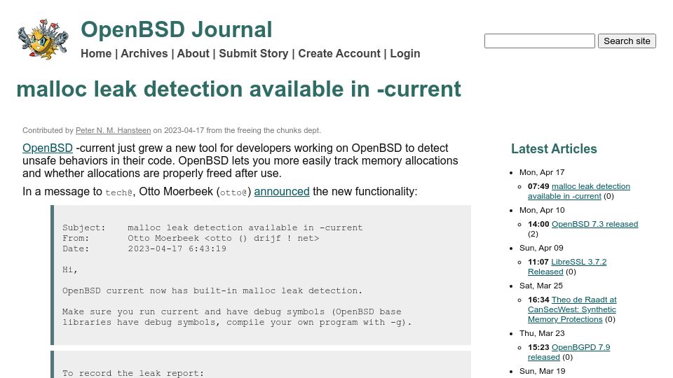 Screenshot of undeadly.org: OpenBSD: Malloc leak detection available in -current