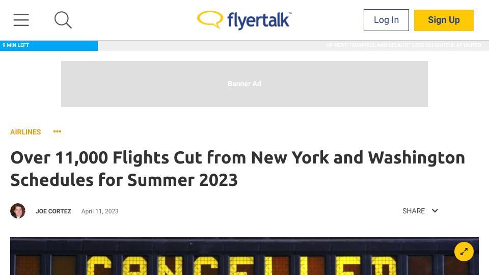 Screenshot of flyertalk.com: ATC staff shortages: 11,000 flights cut from NYC and DCA in summer 2023