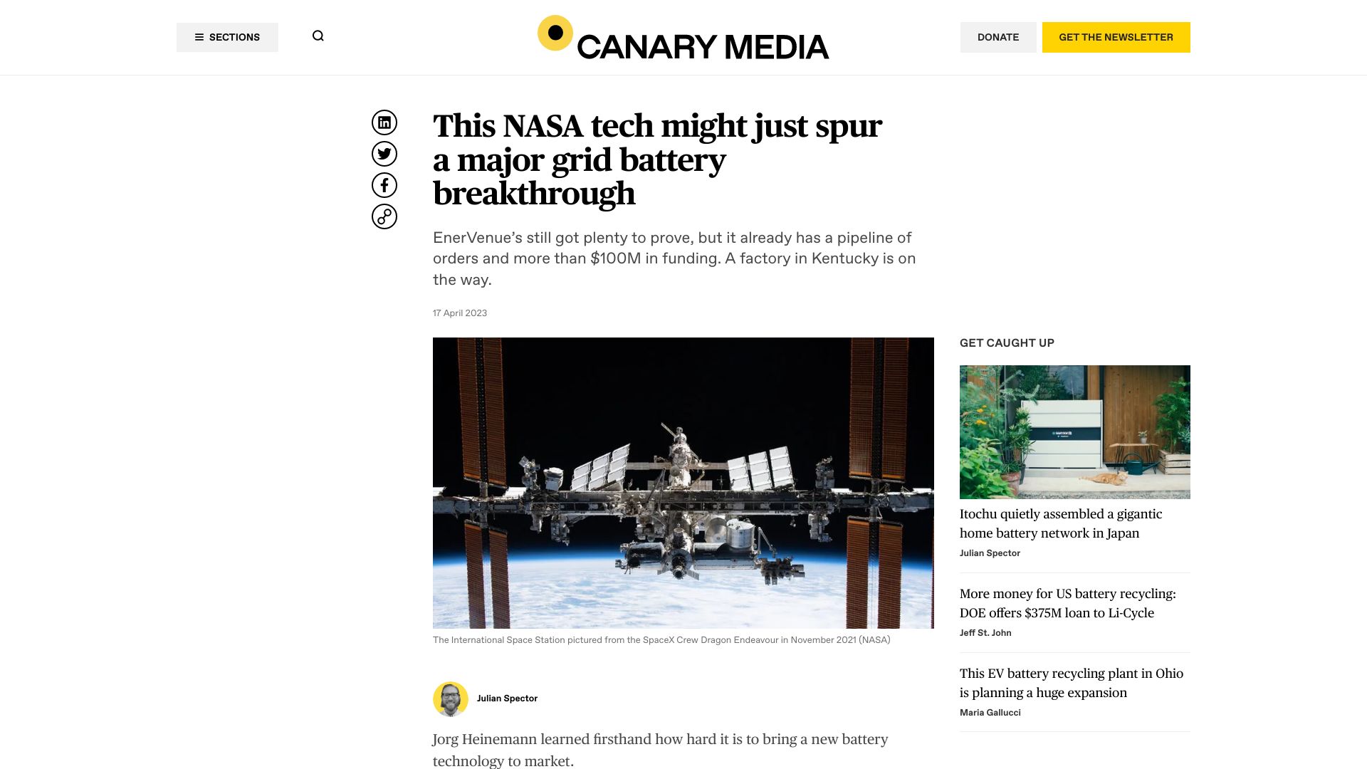 Screenshot of canarymedia.com: NASA tech might just spur a major grid battery breakthrough