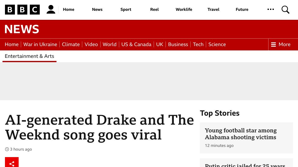 Screenshot of bbc.co.uk: A song that uses AI to clone the voices of Drake and The Weeknd has gone viral
