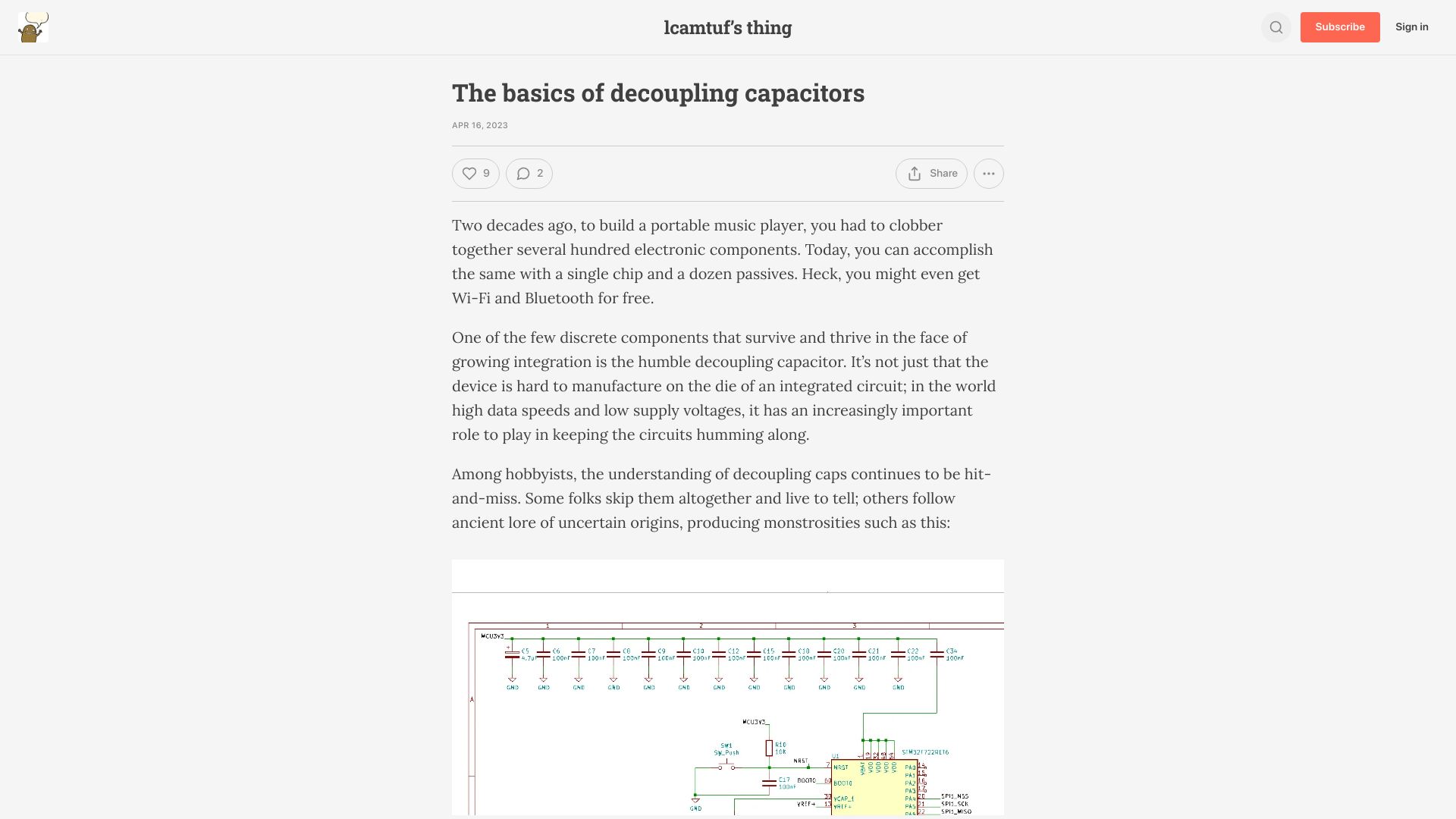 Screenshot of lcamtuf.substack.com: The basics of decoupling capacitors