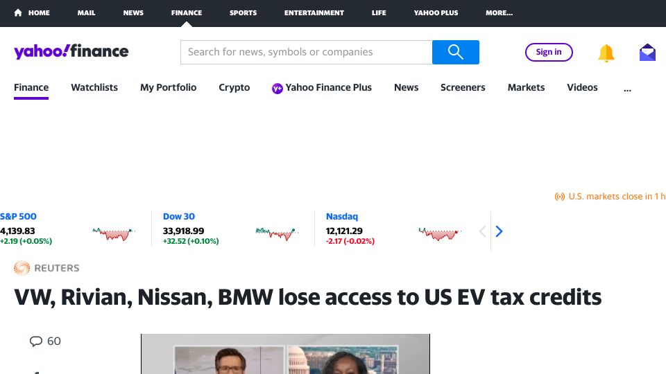 Screenshot of finance.yahoo.com: VW, Rivian, Nissan, BMW lose access to U.S. EV tax credits