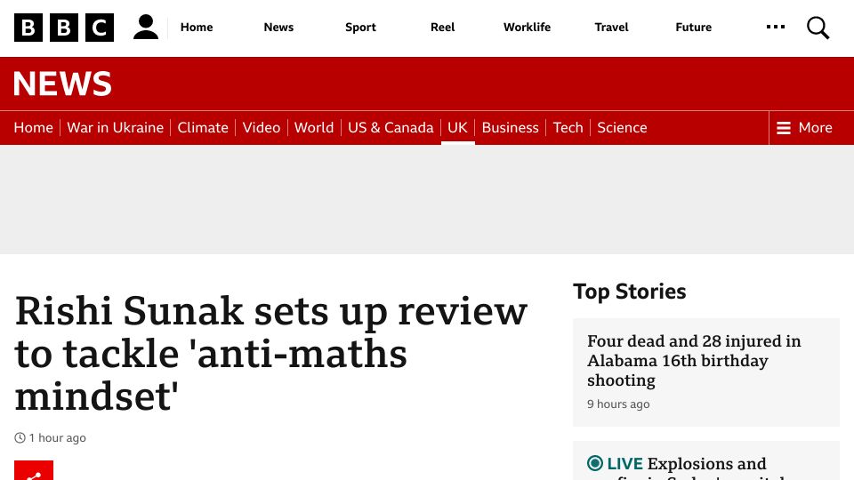 Screenshot of bbc.co.uk: Rishi Sunak sets up review to tackle 'anti-maths mindset'