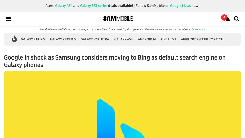 Screenshot of sammobile.com: Samsung considers moving to Bing as default search engine