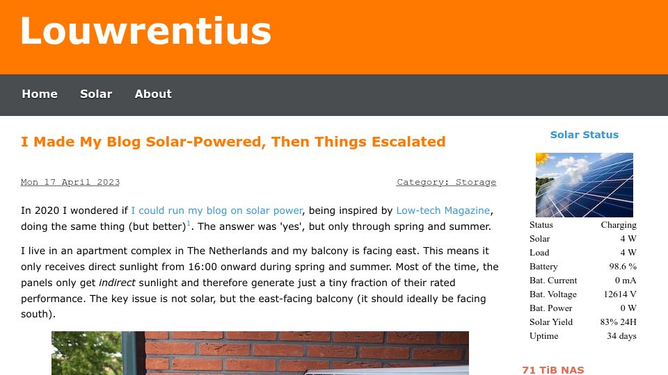 Screenshot of louwrentius.com: I made my blog solar-powered, then things escalated
