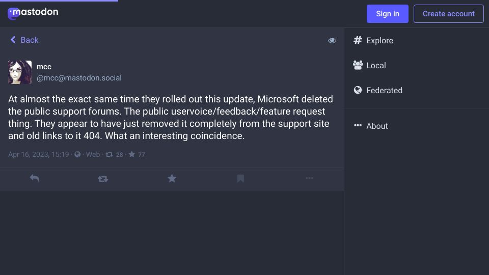 Screenshot of mastodon.social: Microsoft deleted the public support forums for SwiftKey