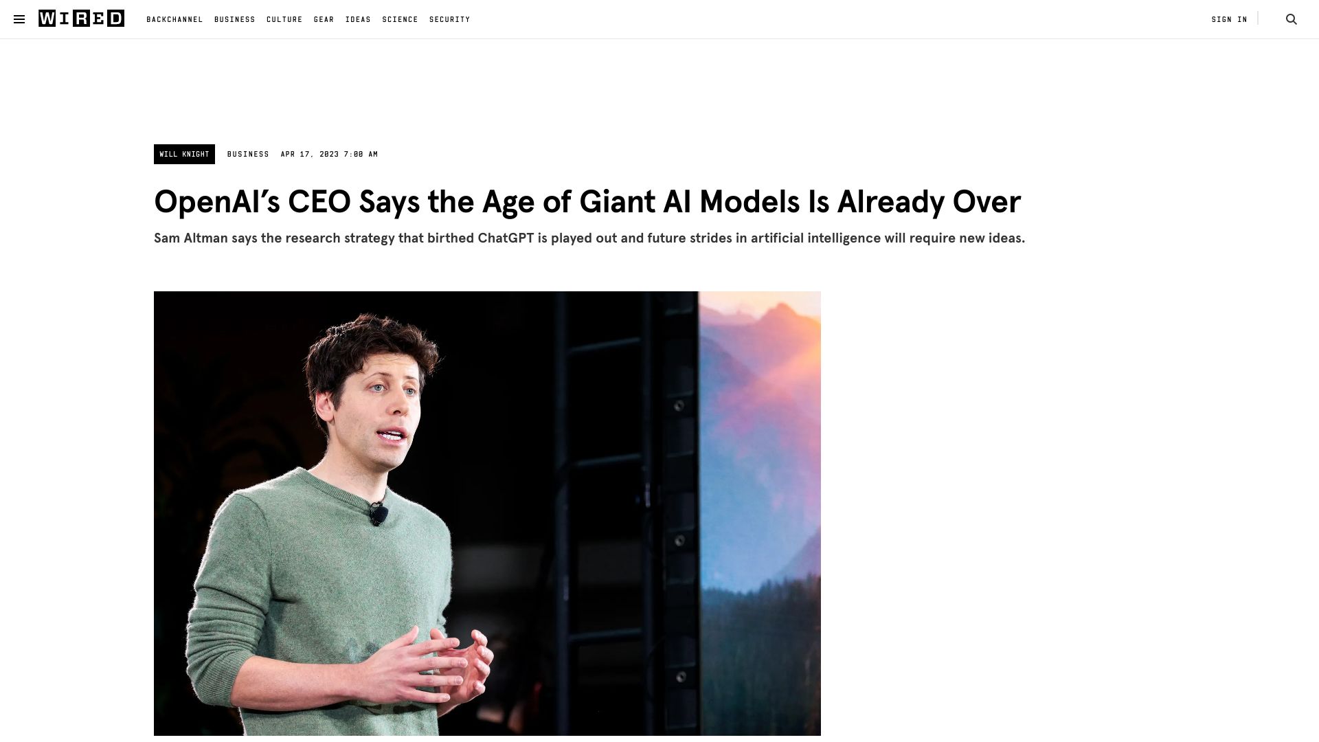 Screenshot of wired.com: OpenAI’s CEO says the age of giant AI models is already over