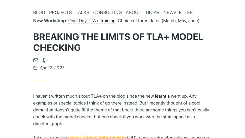 Screenshot of hillelwayne.com: Breaking the limits of TLA+ model checking