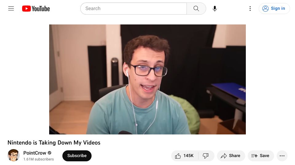Screenshot of youtube.com: Nintendo Is Taking Down My Videos [video]