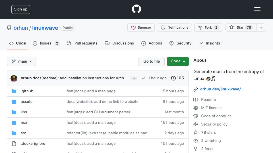 Screenshot of github.com: Linuxwave: Generate Music from the Entropy of Linux