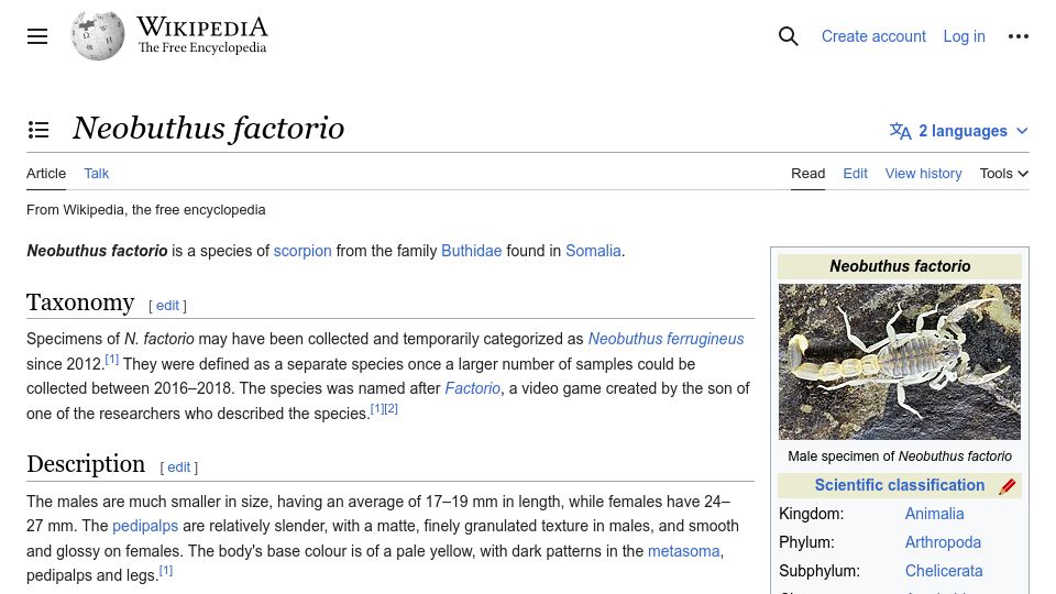 Screenshot of en.wikipedia.org: Neobuthus Factorio