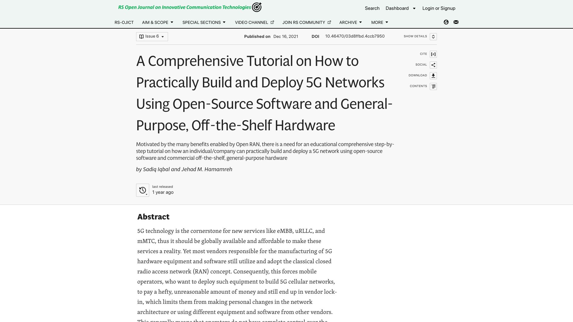 Screenshot of rs-ojict.pubpub.org: Build 5G networks using open-source software, general-purpose hardware (2021)