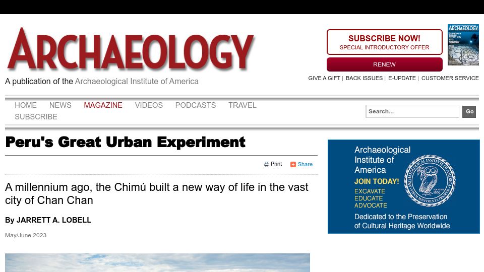 Screenshot of archaeology.org: Peru's Great Urban Experiment